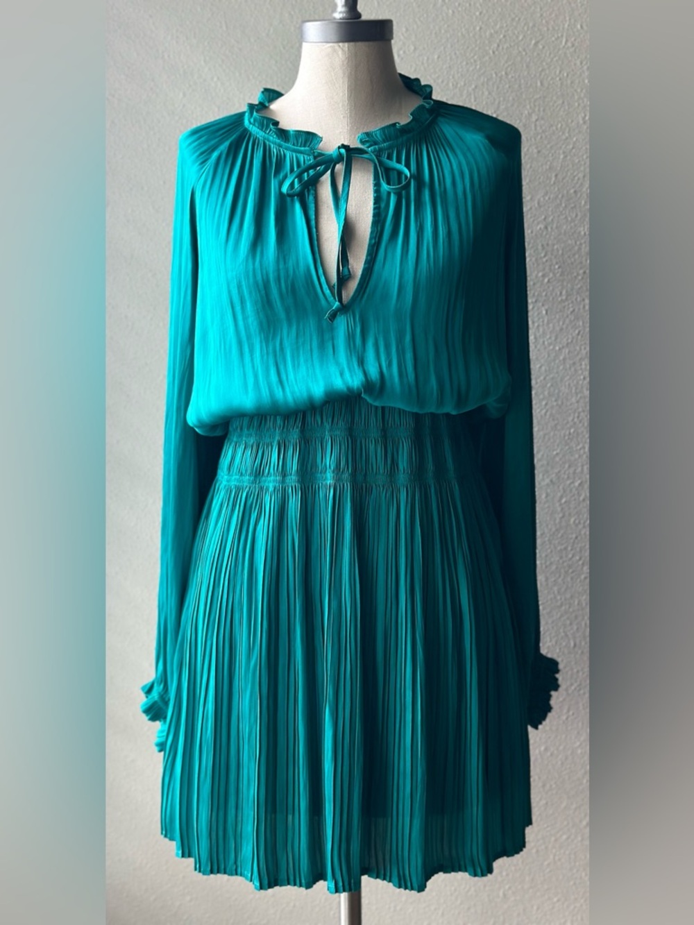 Current Air Teal Pleated Long-Sleeve Tie-Neck Dress - Picture 1 of 7